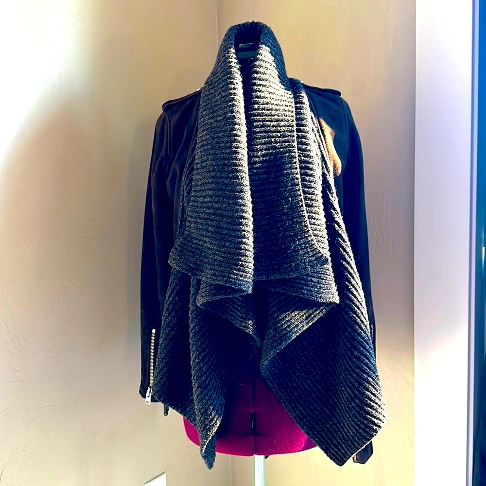 ALL SAINTS NWOT Brown Suede Leather Jacket Biker Wool Shawl Scarf UK 6 US 2 XS